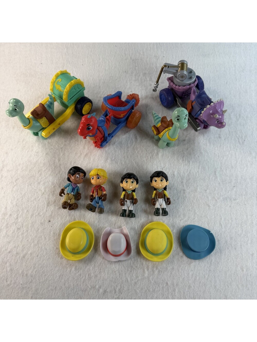 Dino Ranch Toy Lot 12 Figures Dinosaurs Carts Miguel Disney jr Cowboy Hats